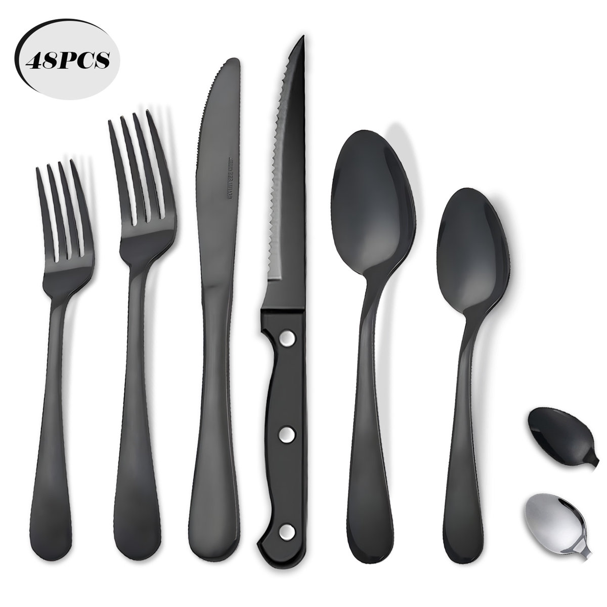 48-piece, 430 Stainless Steel, flatware Set, service For 8, knives, forks, spoons, steak Knives, salad Forks, teaspoons, cutlery Set, silverware, heavy Duty, rustproof